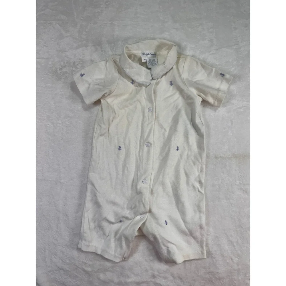 Ralph Lauren Anchor Embroidered Romper 9M Cream Nautical Short Sleeve Baby Boy